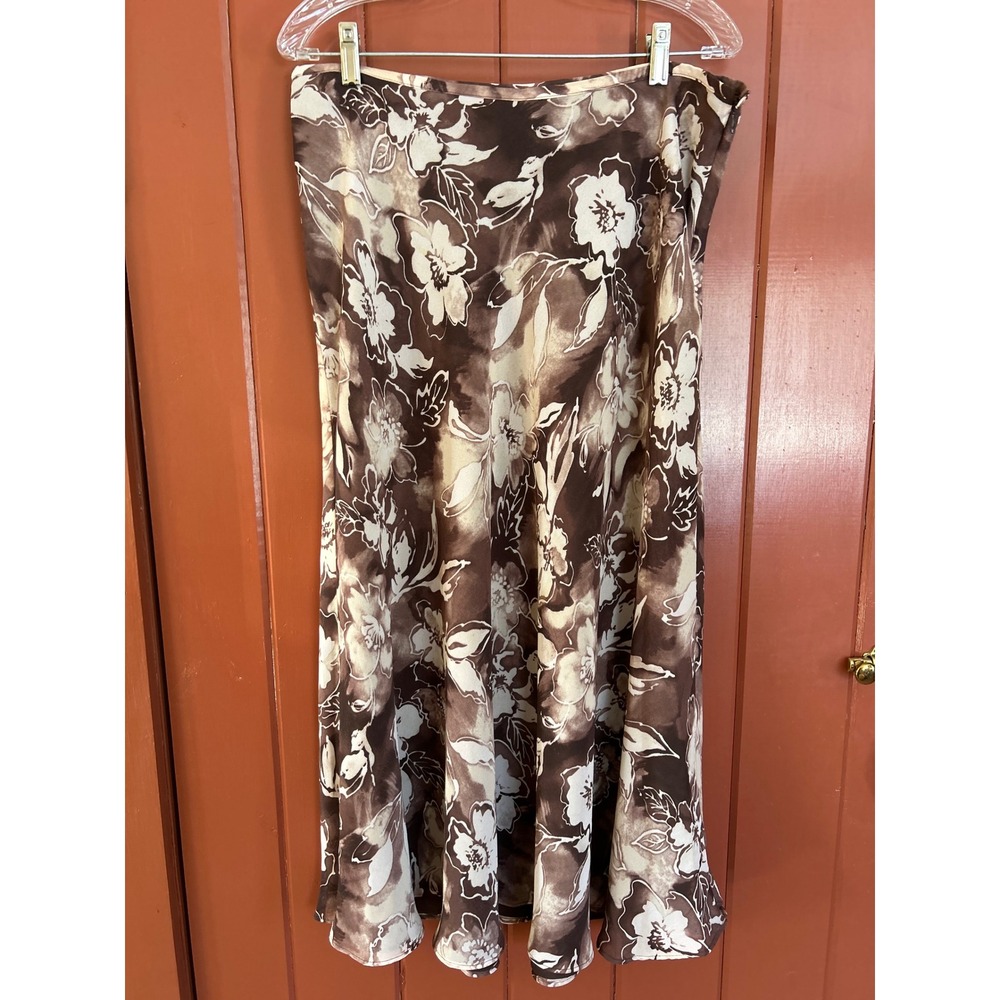Kasper Brown‎ Cream Floral Midi Skirt Size 14 Watercolor Print A-Line Career